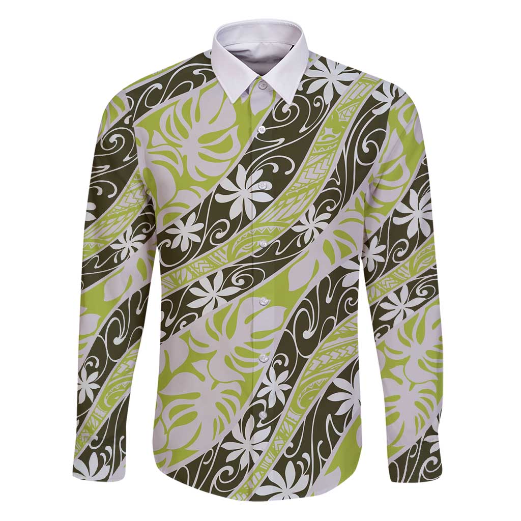 Olive Tahiti Tiare Monstera Family Matching Puletasi and Hawaiian Shirt Polynesian Pattern Curve Style - Polynesian Pride