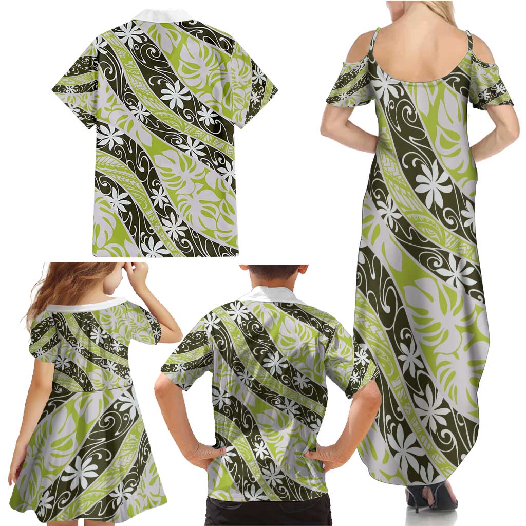 Olive Tahiti Tiare Monstera Family Matching Summer Maxi Dress and Hawaiian Shirt Polynesian Pattern Curve Style - Polynesian Pride