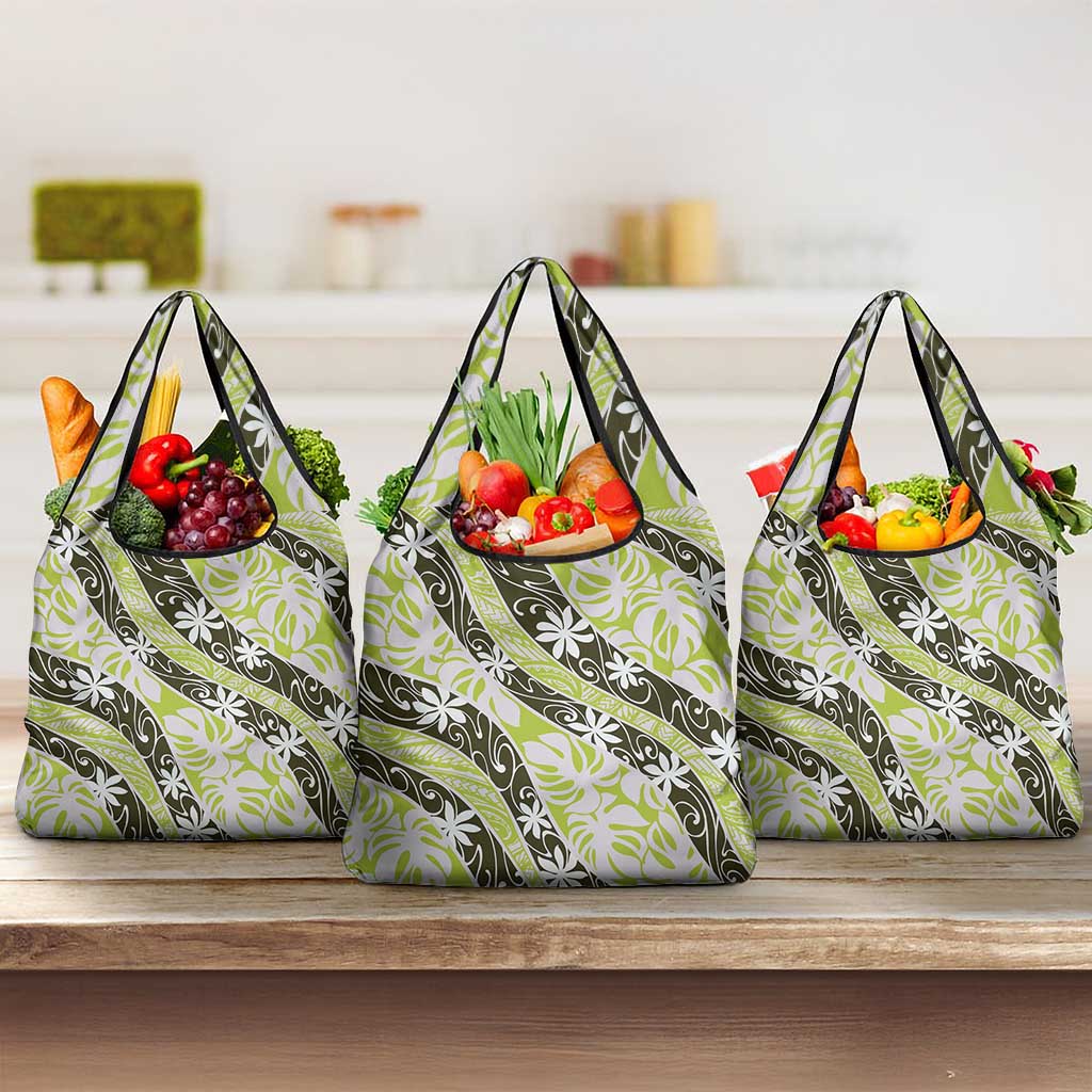 Olive Tahiti Tiare Monstera Grocery Bag Polynesian Pattern Curve Style - Polynesian Pride