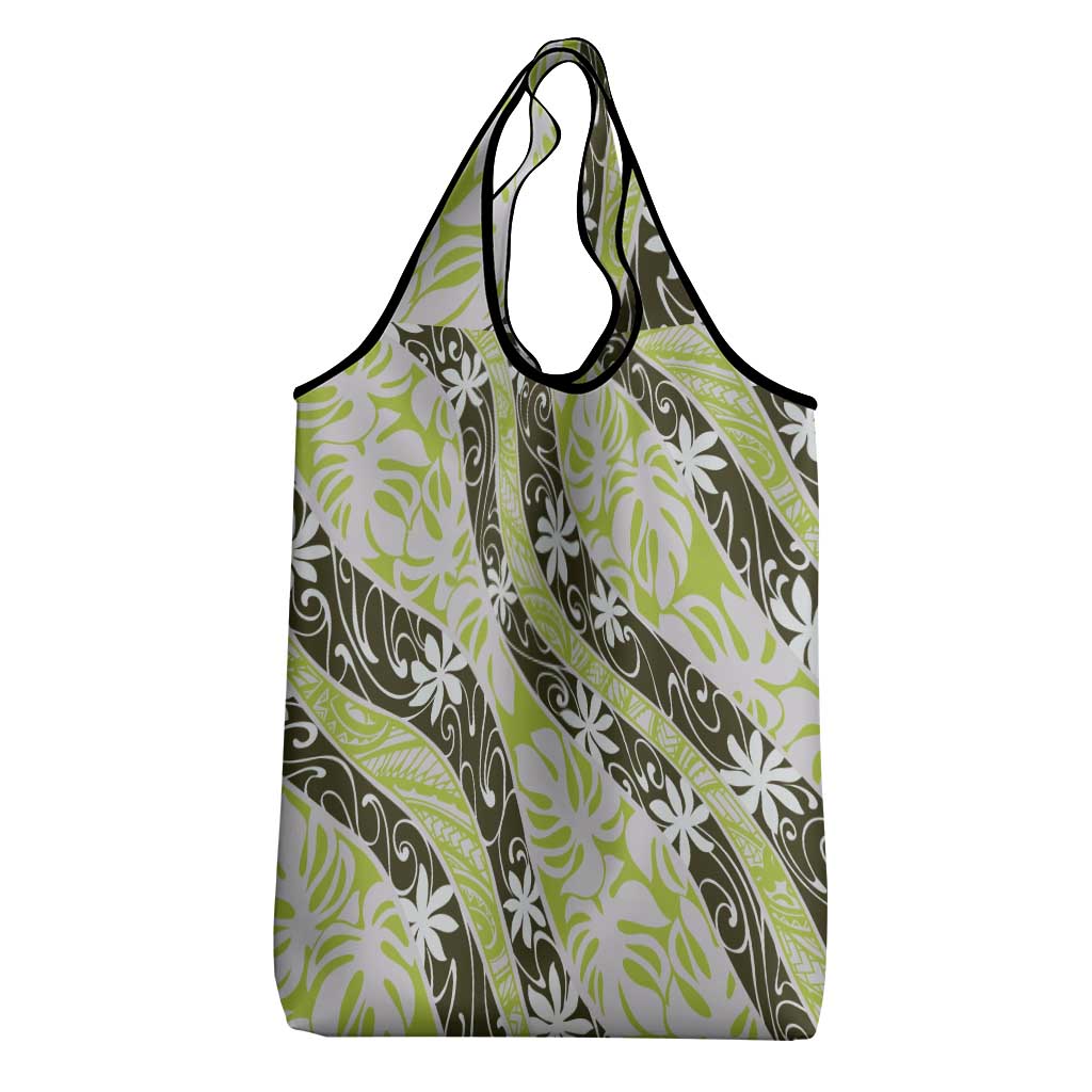 Olive Tahiti Tiare Monstera Grocery Bag Polynesian Pattern Curve Style - Polynesian Pride