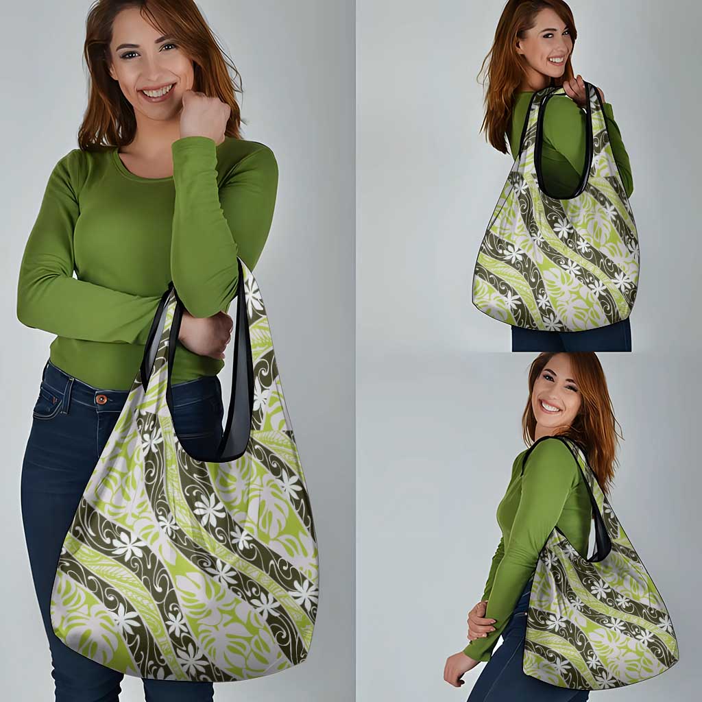 Olive Tahiti Tiare Monstera Grocery Bag Polynesian Pattern Curve Style - Polynesian Pride