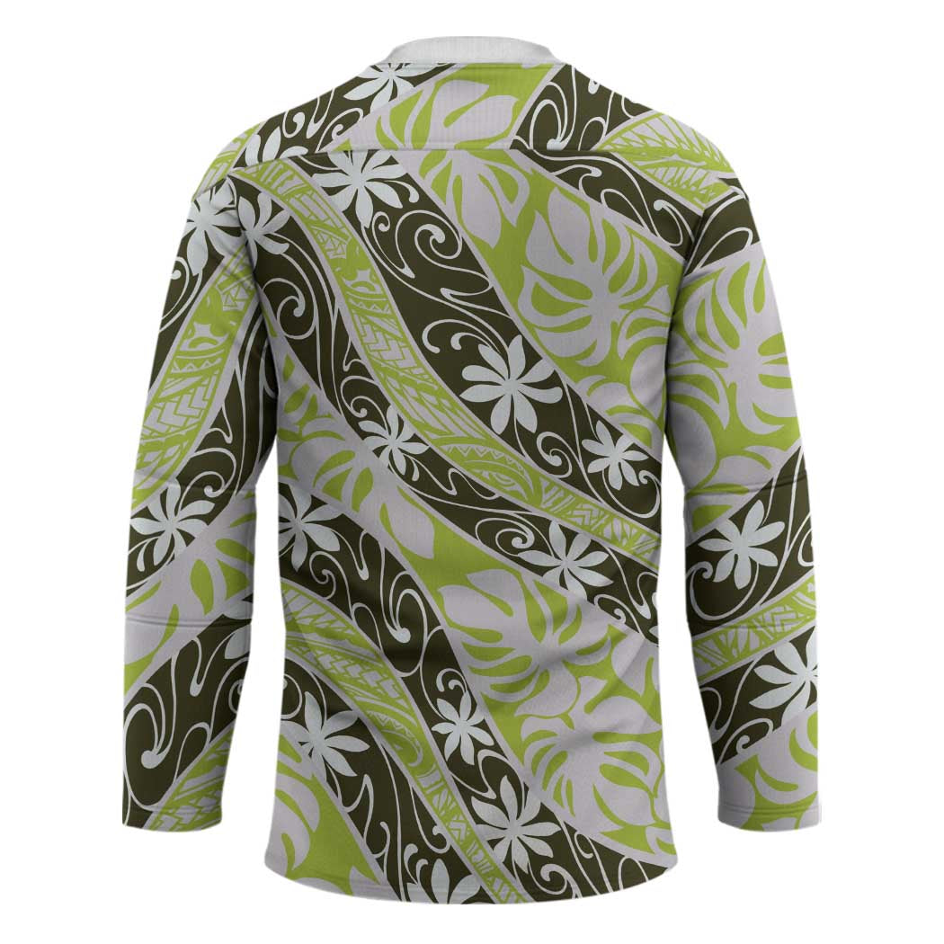Olive Tahiti Tiare Monstera Hockey Jersey Polynesian Pattern Curve Style - Polynesian Pride