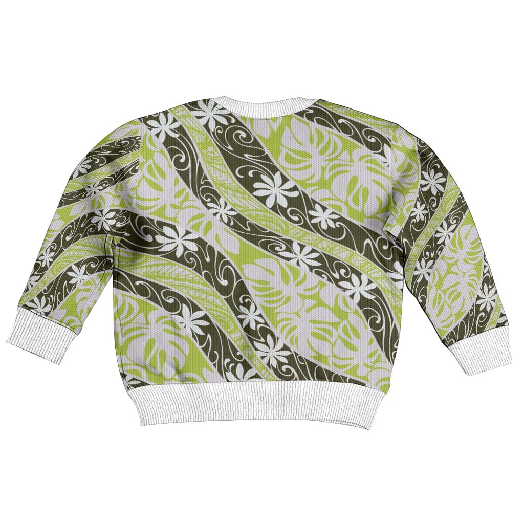 Olive Tahiti Tiare Monstera Kid Ugly Christmas Sweater Polynesian Pattern Curve Style - Polynesian Pride