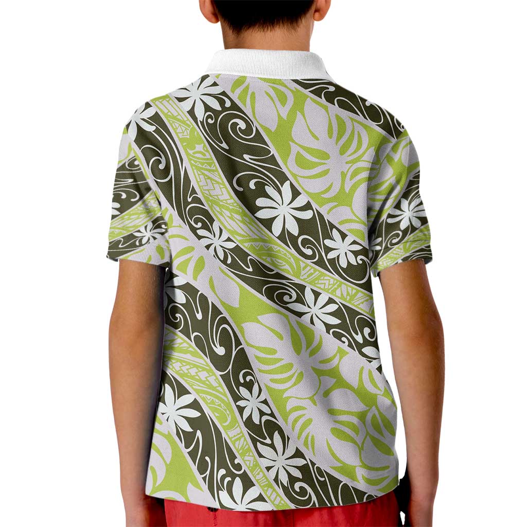 Olive Tahiti Tiare Monstera Kid Polo Shirt Polynesian Pattern Curve Style - Polynesian Pride