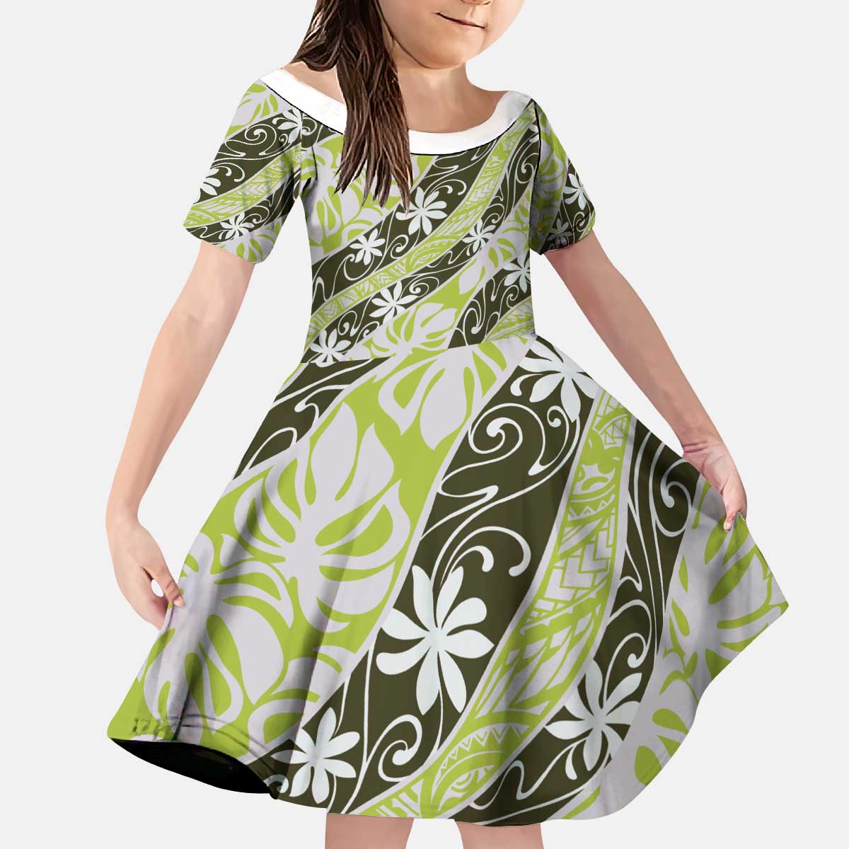Olive Tahiti Tiare Monstera Kid Short Sleeve Dress Polynesian Pattern Curve Style - Polynesian Pride