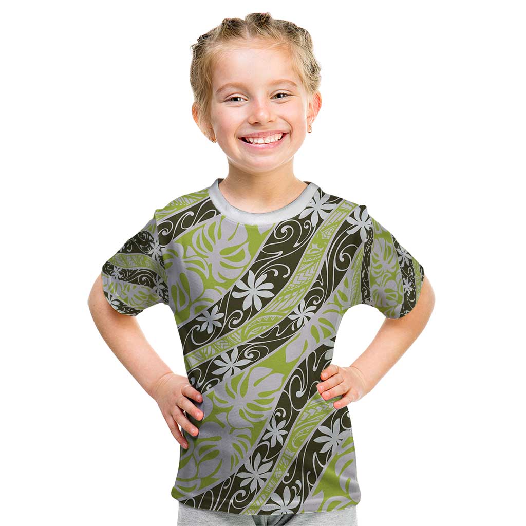 Olive Tahiti Tiare Monstera Kid T Shirt Polynesian Pattern Curve Style - Polynesian Pride