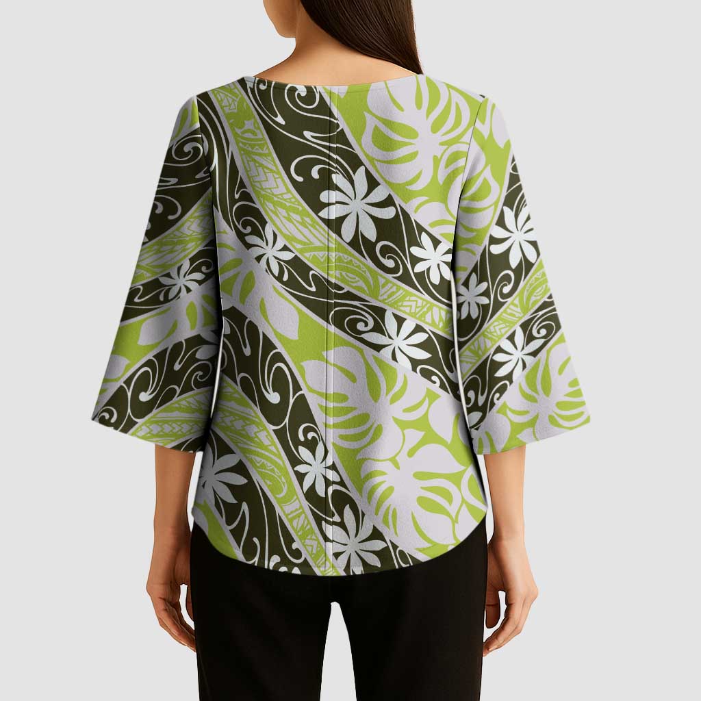 Olive Tahiti Tiare Monstera Kimono Sleeve Blouse Polynesian Pattern Curve Style - Polynesian Pride