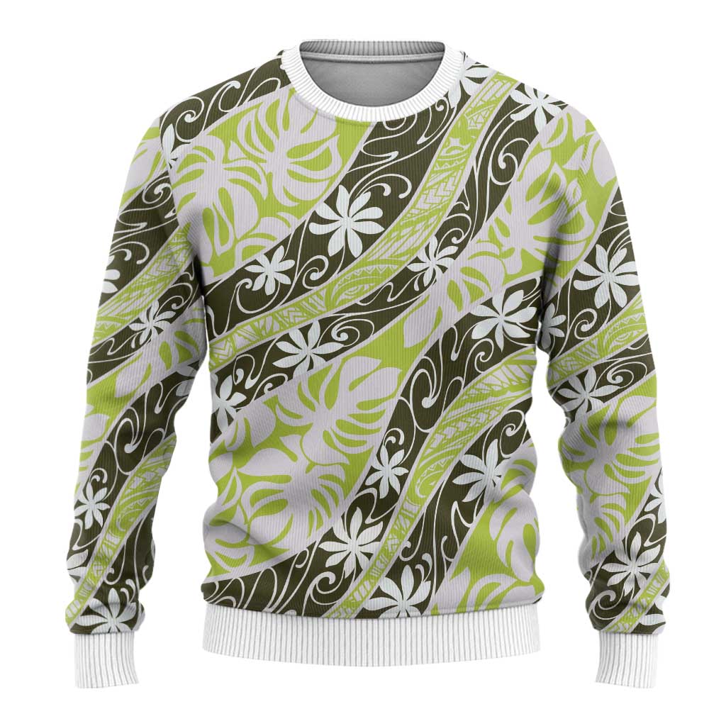Olive Tahiti Tiare Monstera Ugly Christmas Sweater Polynesian Pattern Curve Style - Polynesian Pride