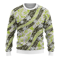 Olive Tahiti Tiare Monstera Ugly Christmas Sweater Polynesian Pattern Curve Style - Polynesian Pride