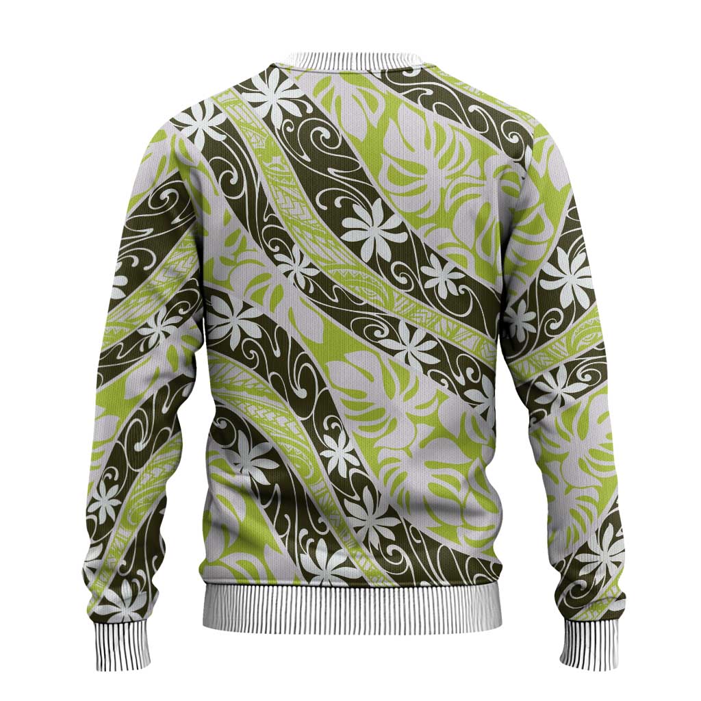 Olive Tahiti Tiare Monstera Ugly Christmas Sweater Polynesian Pattern Curve Style - Polynesian Pride