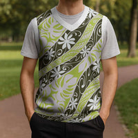 Olive Tahiti Tiare Monstera Christmas Knitted V-Neck Vest Polynesian Pattern Curve Style - Polynesian Pride