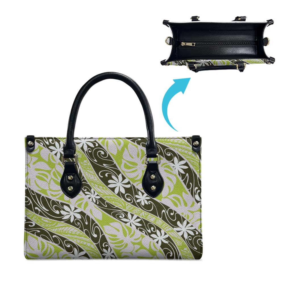 Olive Tahiti Tiare Monstera Leather Bag Polynesian Pattern Curve Style - Polynesian Pride