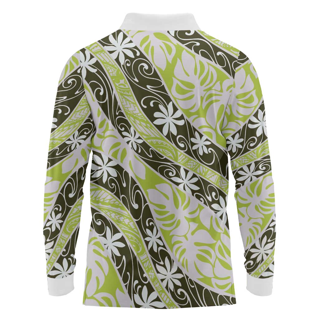 Olive Tahiti Tiare Monstera Long Sleeve Polo Shirt Polynesian Pattern Curve Style - Polynesian Pride