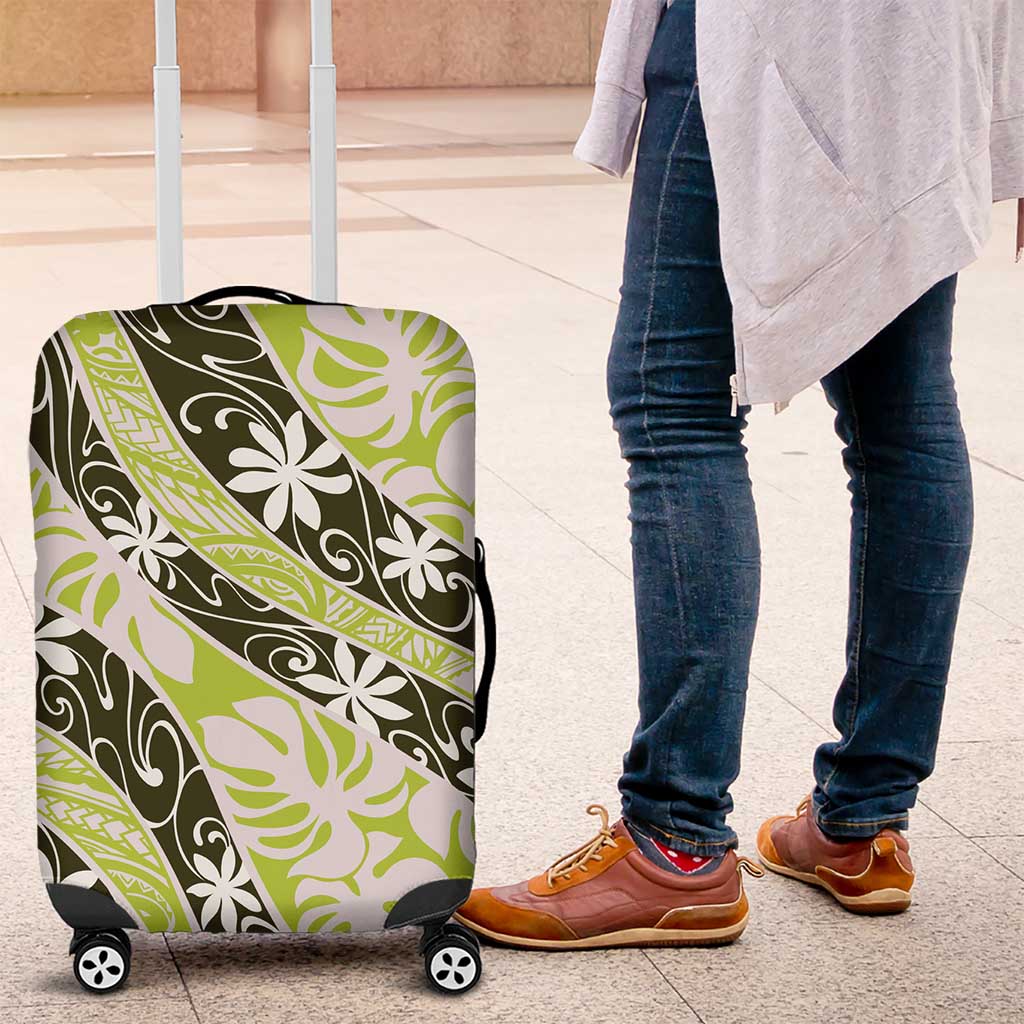 Olive Tahiti Tiare Monstera Luggage Cover Polynesian Pattern Curve Style - Polynesian Pride