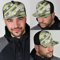 Olive Tahiti Tiare Monstera Mesh Trucker Cap Polynesian Pattern Curve Style - Polynesian Pride