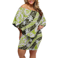 Olive Tahiti Tiare Monstera Off Shoulder Short Dress Polynesian Pattern Curve Style - Polynesian Pride