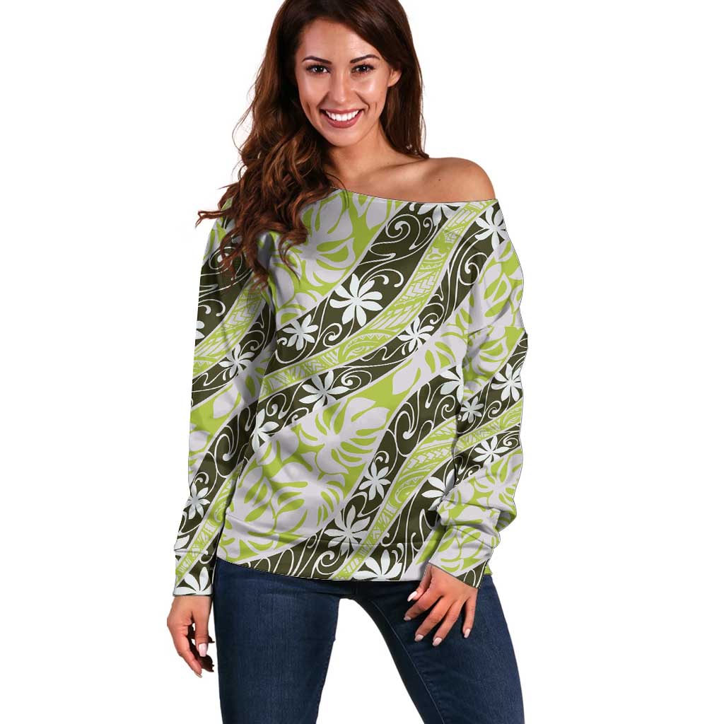 Olive Tahiti Tiare Monstera Off Shoulder Sweater Polynesian Pattern Curve Style - Polynesian Pride