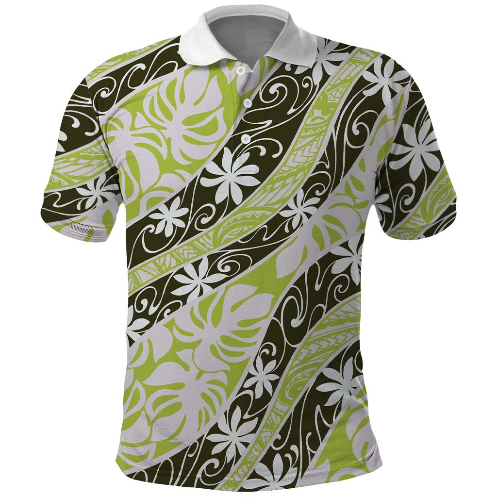 Olive Tahiti Tiare Monstera Polo Shirt Polynesian Pattern Curve Style - Polynesian Pride