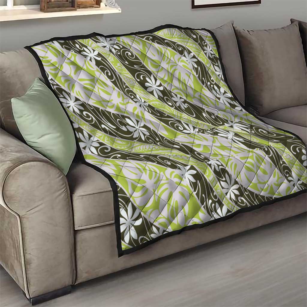 Olive Tahiti Tiare Monstera Quilt Polynesian Pattern Curve Style - Polynesian Pride