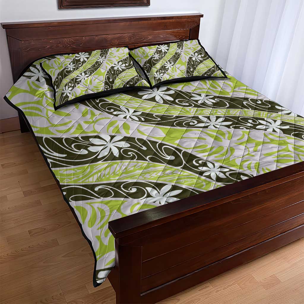 Olive Tahiti Tiare Monstera Quilt Bed Set Polynesian Pattern Curve Style - Polynesian Pride