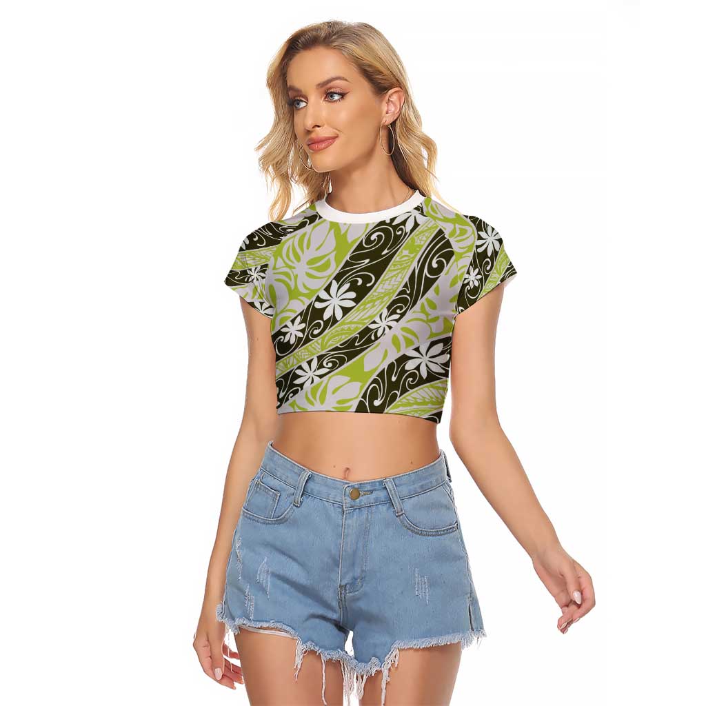 Olive Tahiti Tiare Monstera Raglan Cropped T Shirt Polynesian Pattern Curve Style - Polynesian Pride