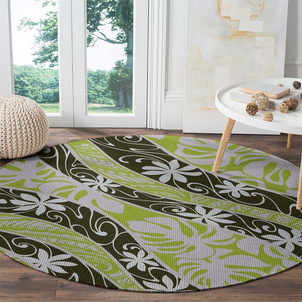 Olive Tahiti Tiare Monstera Round Carpet Polynesian Pattern Curve Style - Polynesian Pride