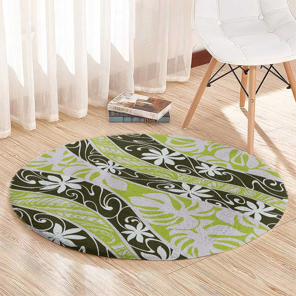 Olive Tahiti Tiare Monstera Round Carpet Polynesian Pattern Curve Style - Polynesian Pride