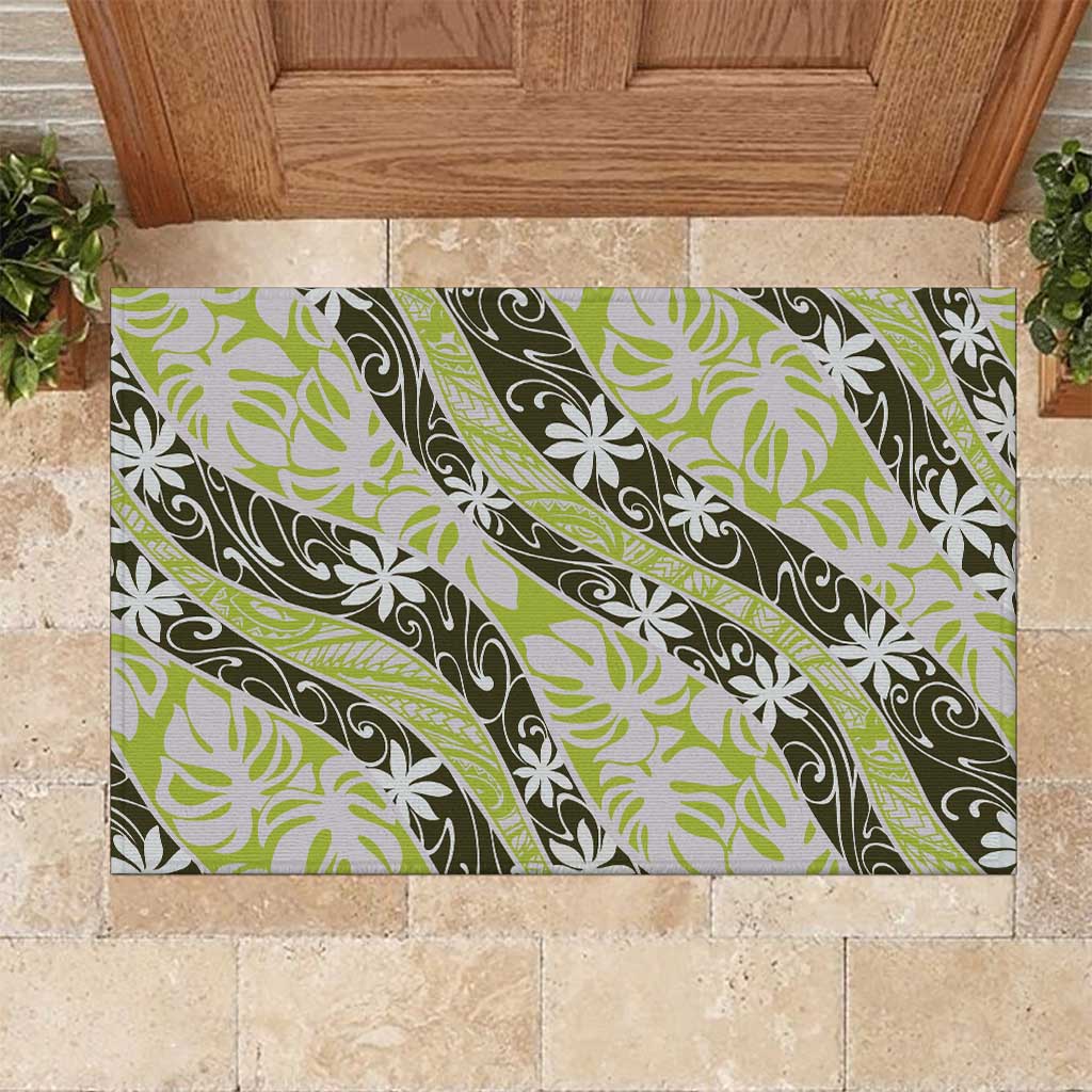 Olive Tahiti Tiare Monstera Rubber Doormat Polynesian Pattern Curve Style - Polynesian Pride