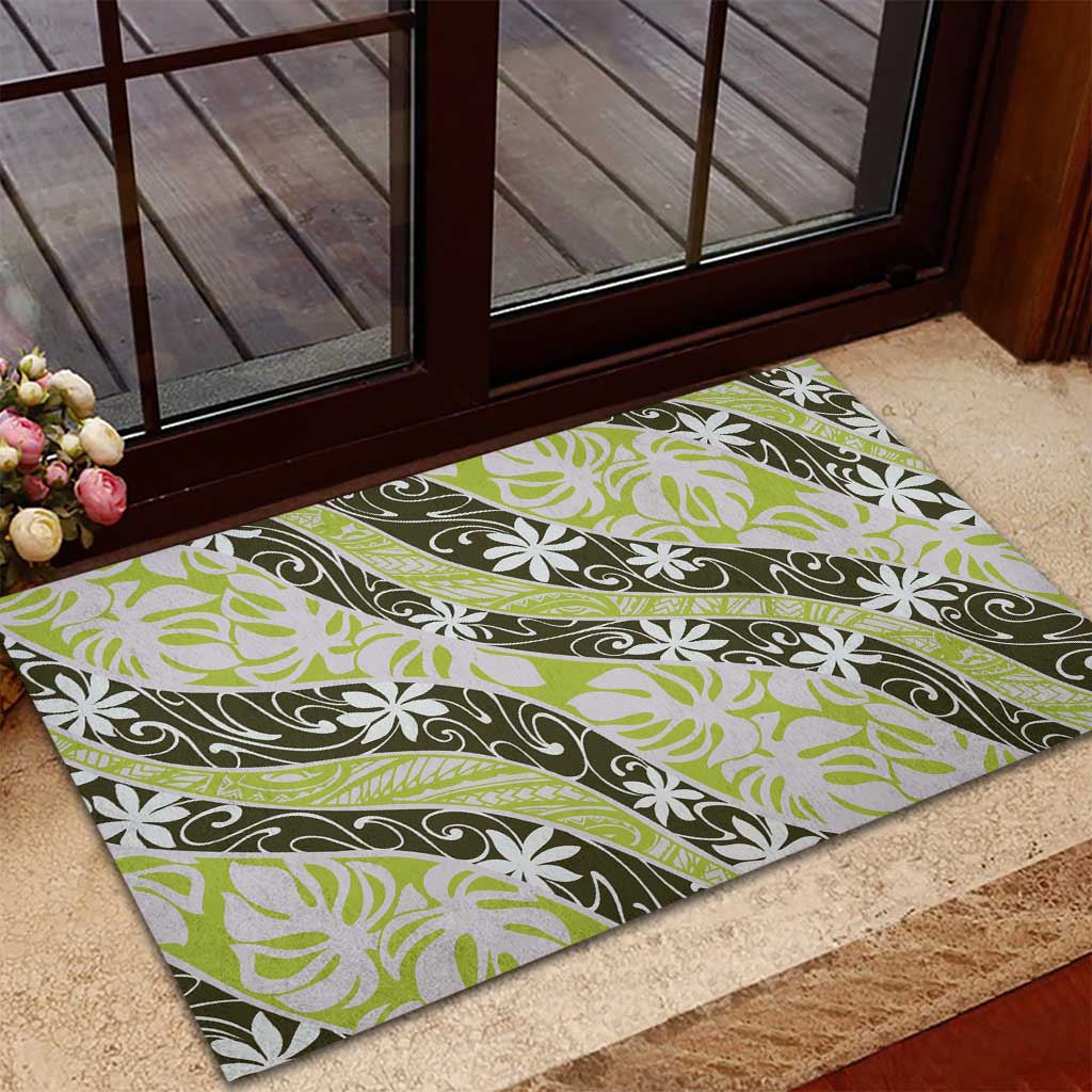 Olive Tahiti Tiare Monstera Rubber Doormat Polynesian Pattern Curve Style - Polynesian Pride