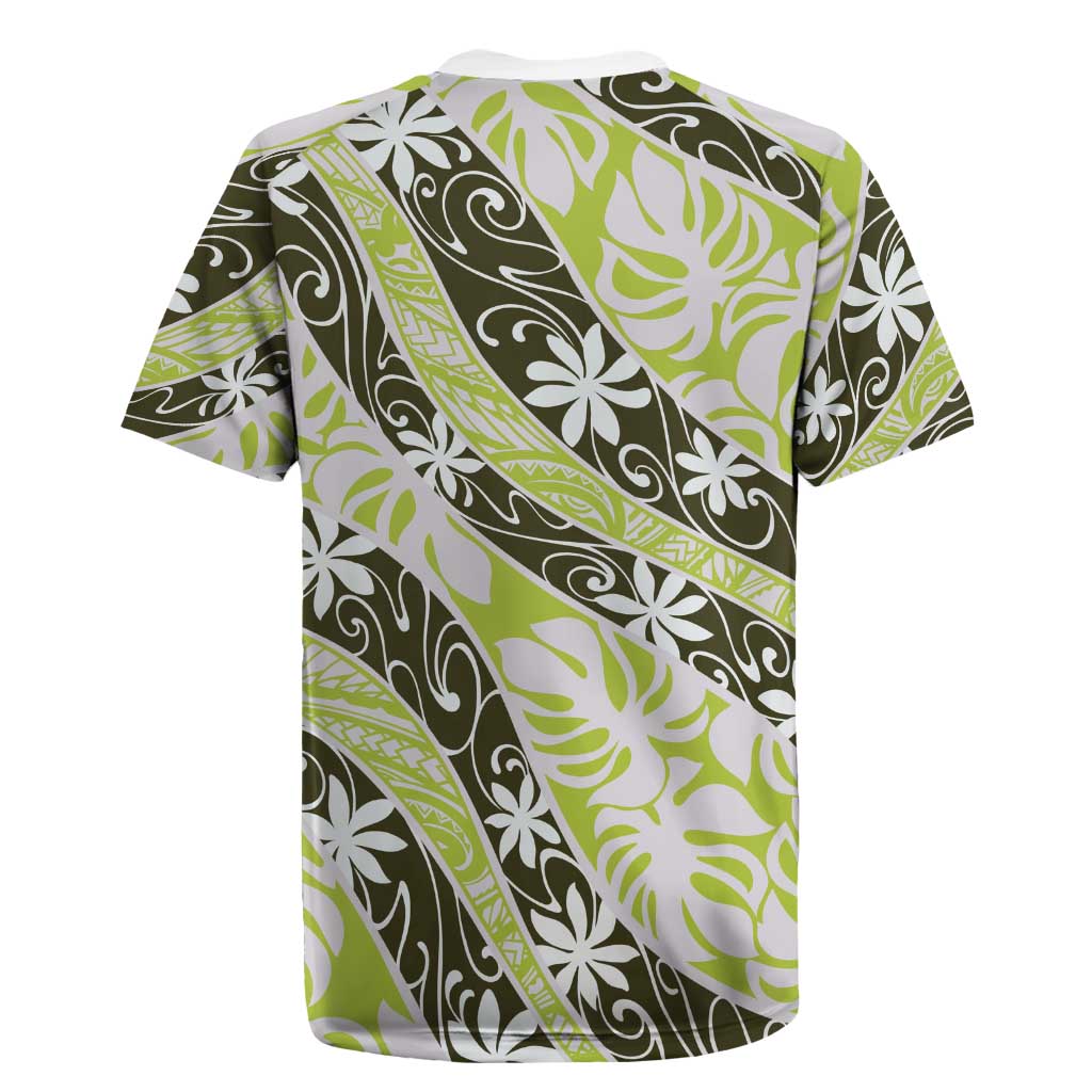 Olive Tahiti Tiare Monstera Rugby Jersey Polynesian Pattern Curve Style - Polynesian Pride