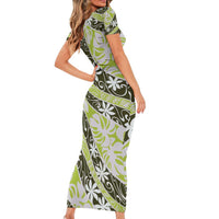 Olive Tahiti Tiare Monstera Short Sleeve Bodycon Dress Polynesian Pattern Curve Style - Polynesian Pride