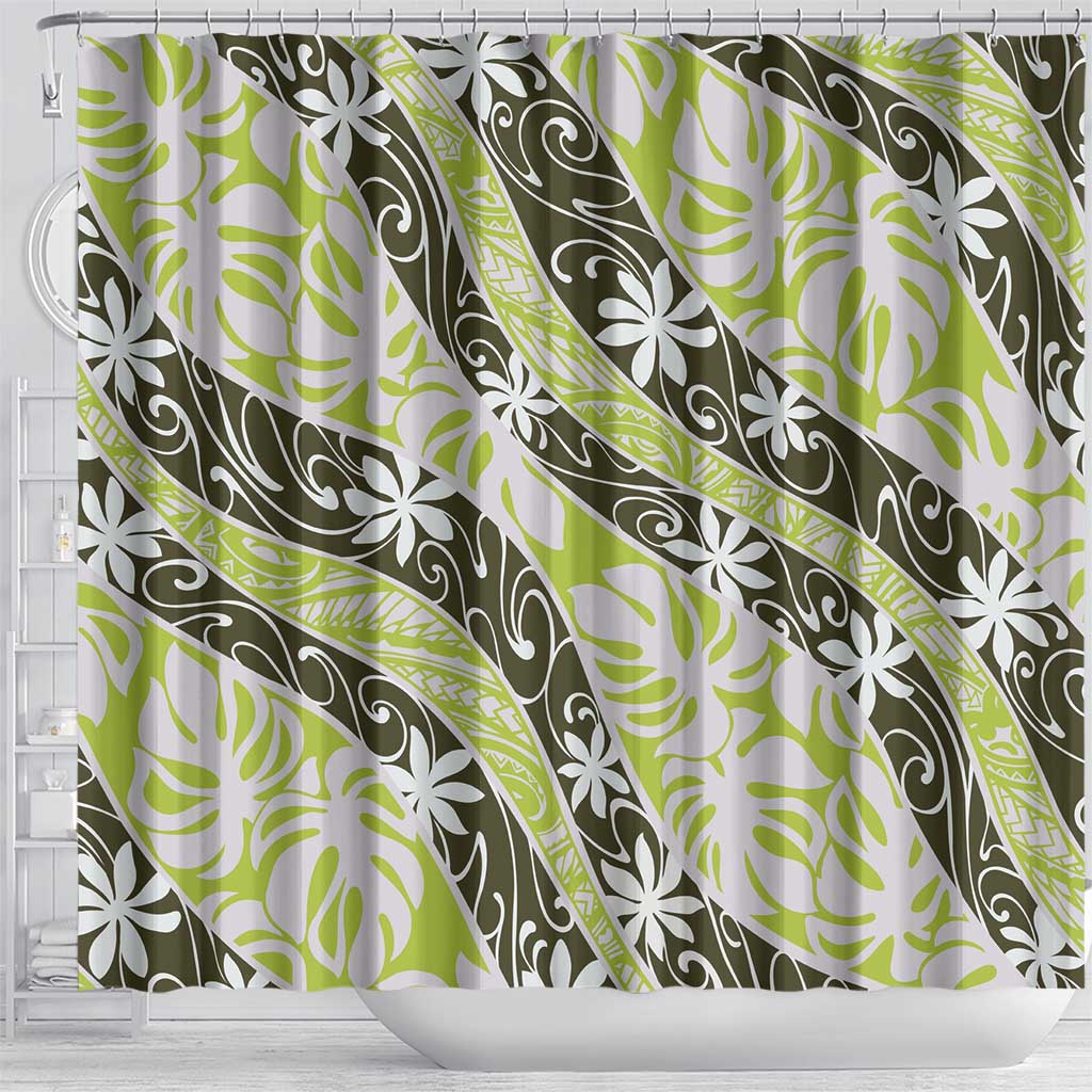 Olive Tahiti Tiare Monstera Shower Curtain Polynesian Pattern Curve Style - Polynesian Pride