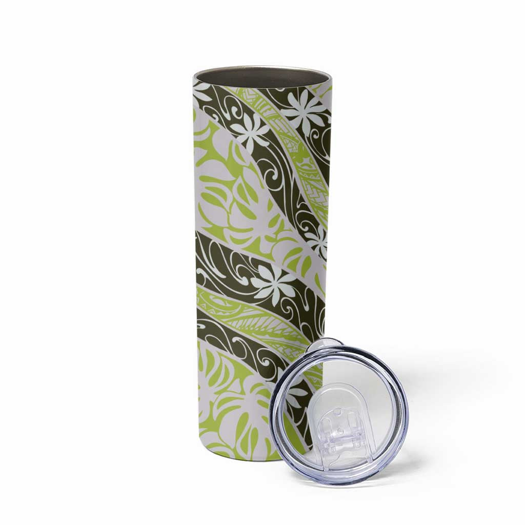 Olive Tahiti Tiare Monstera Skinny Tumbler Polynesian Pattern Curve Style - Polynesian Pride