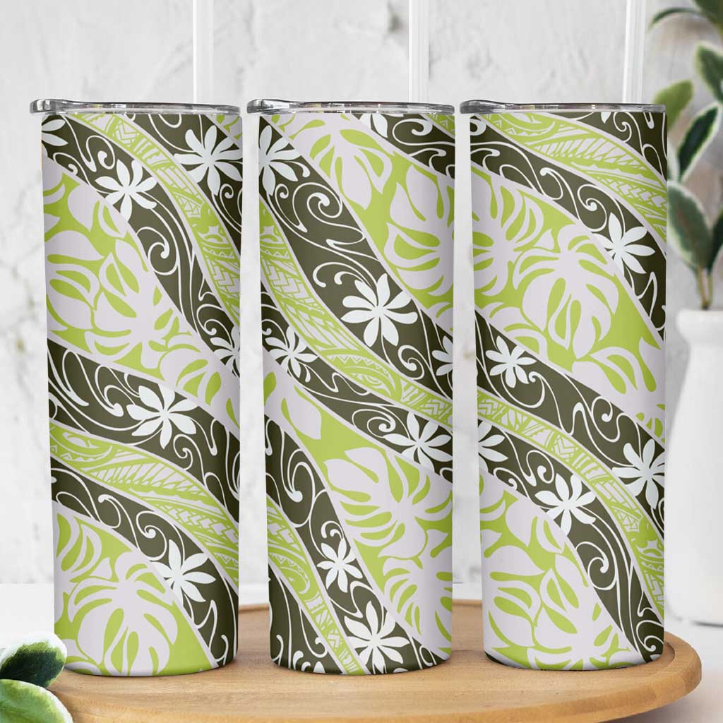 Olive Tahiti Tiare Monstera Skinny Tumbler Polynesian Pattern Curve Style - Polynesian Pride
