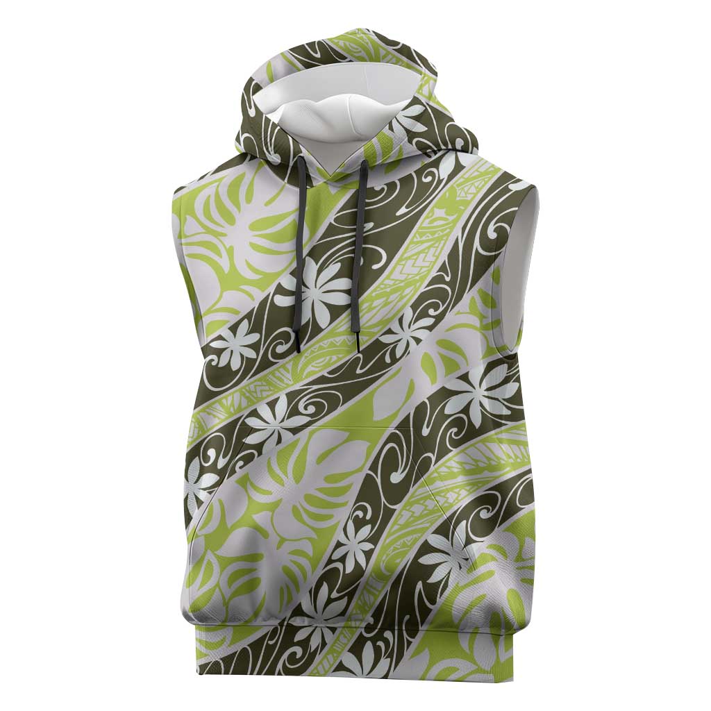 Olive Tahiti Tiare Monstera Sleeveless Hoodie Polynesian Pattern Curve Style - Polynesian Pride