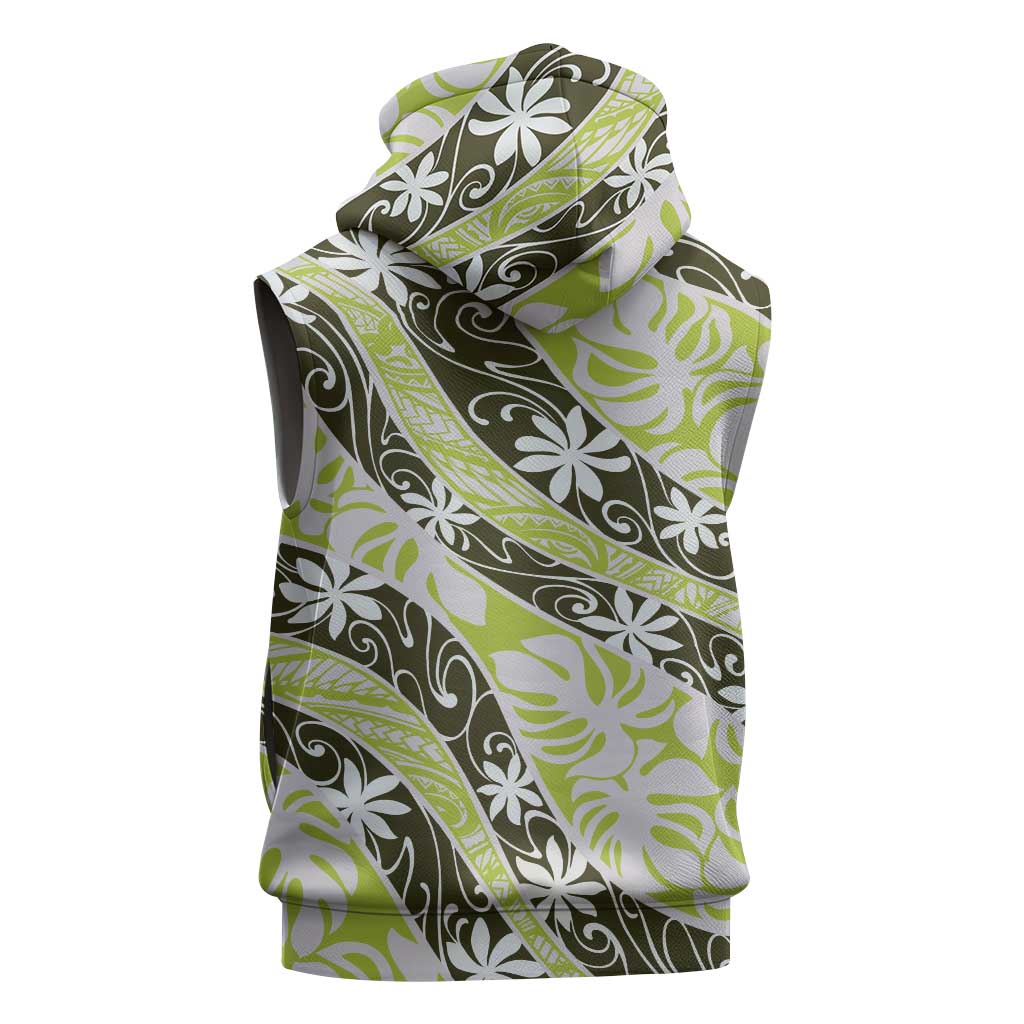 Olive Tahiti Tiare Monstera Sleeveless Hoodie Polynesian Pattern Curve Style - Polynesian Pride