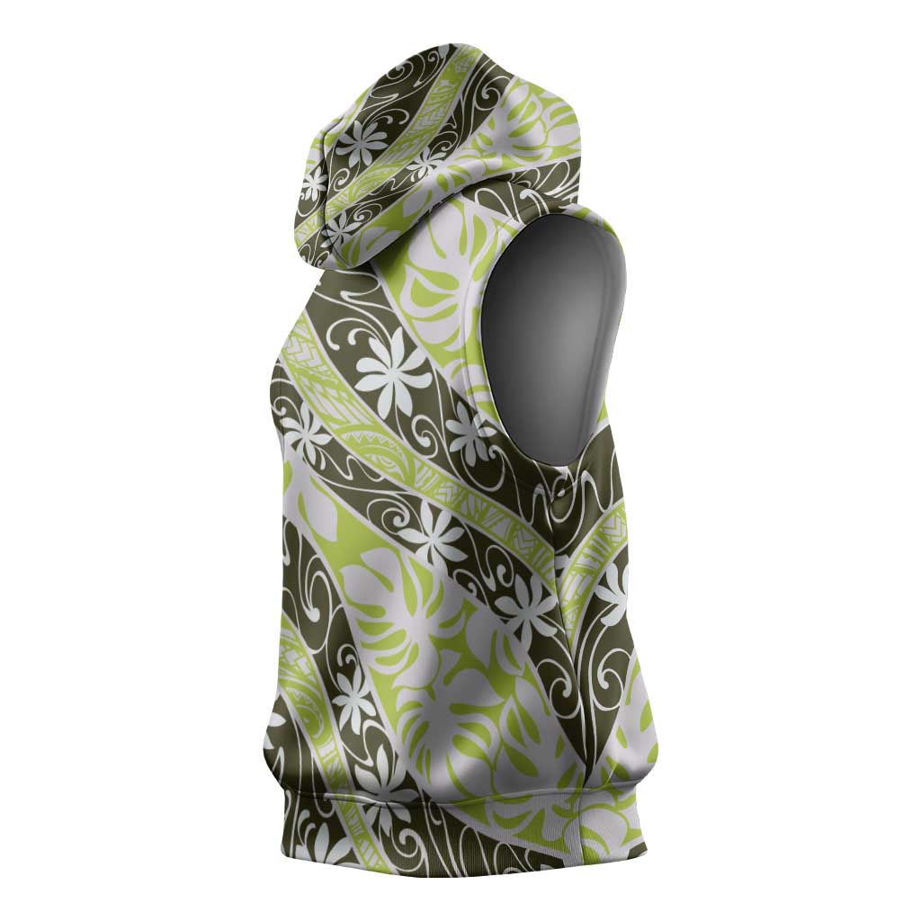 Olive Tahiti Tiare Monstera Sleeveless Hoodie Polynesian Pattern Curve Style - Polynesian Pride