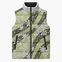 Olive Tahiti Tiare Monstera Sleeveless Puffer Jacket Polynesian Pattern Curve Style - Polynesian Pride