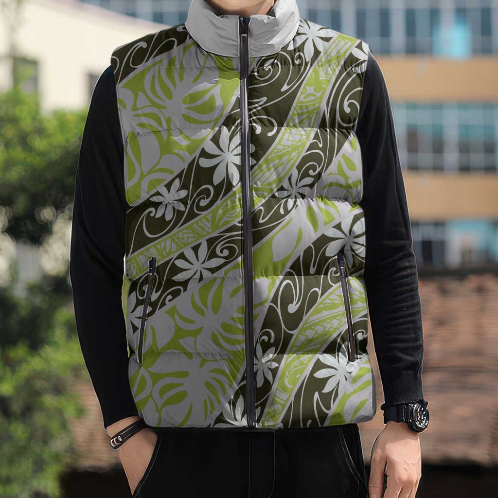 Olive Tahiti Tiare Monstera Sleeveless Puffer Jacket Polynesian Pattern Curve Style - Polynesian Pride