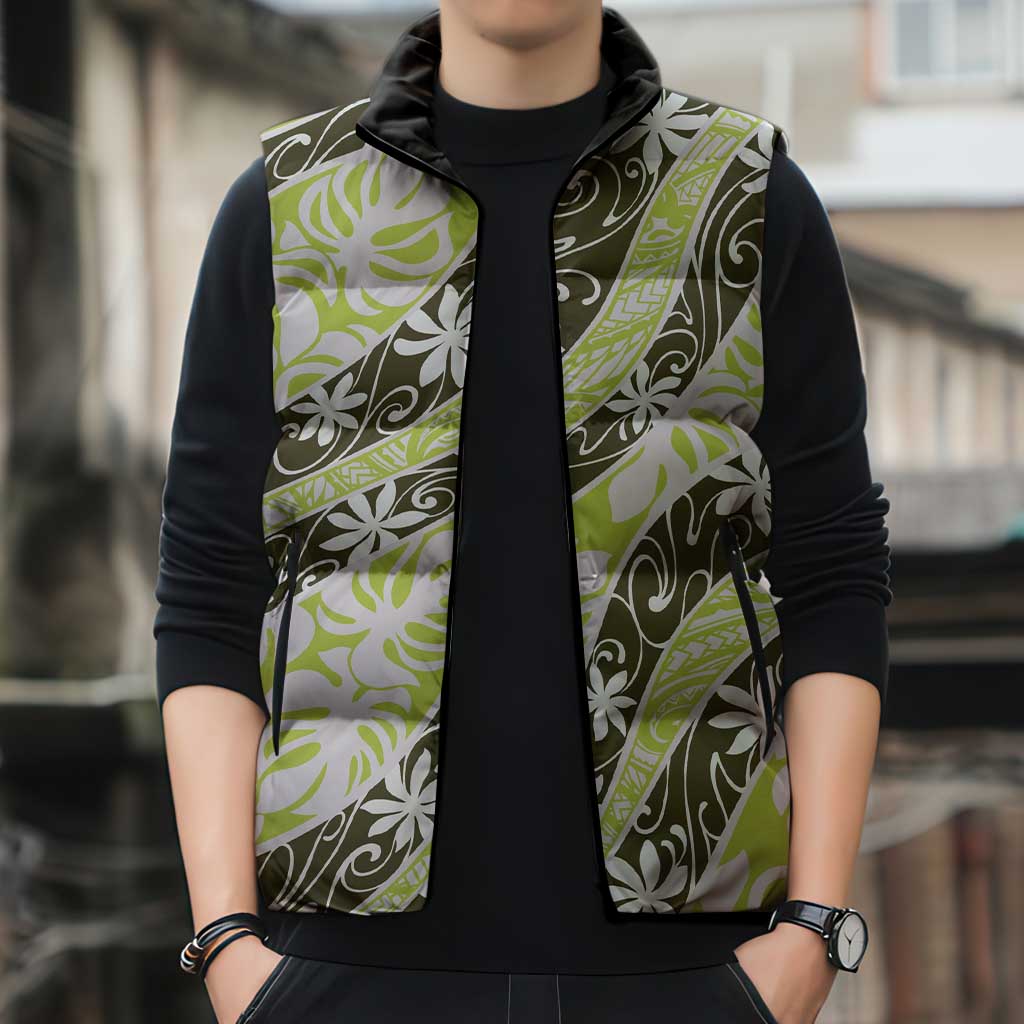Olive Tahiti Tiare Monstera Sleeveless Puffer Jacket Polynesian Pattern Curve Style - Polynesian Pride
