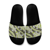 Olive Tahiti Tiare Monstera Slide Sandals Polynesian Pattern Curve Style - Polynesian Pride