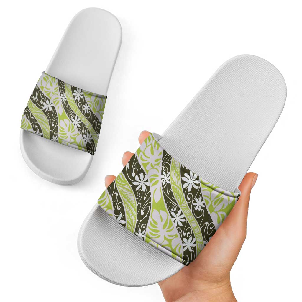 Olive Tahiti Tiare Monstera Slide Sandals Polynesian Pattern Curve Style - Polynesian Pride