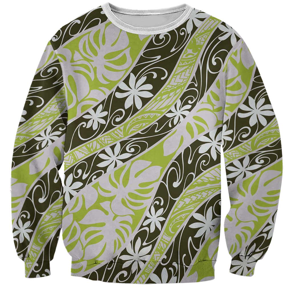 Olive Tahiti Tiare Monstera Sweatshirt Polynesian Pattern Curve Style - Polynesian Pride