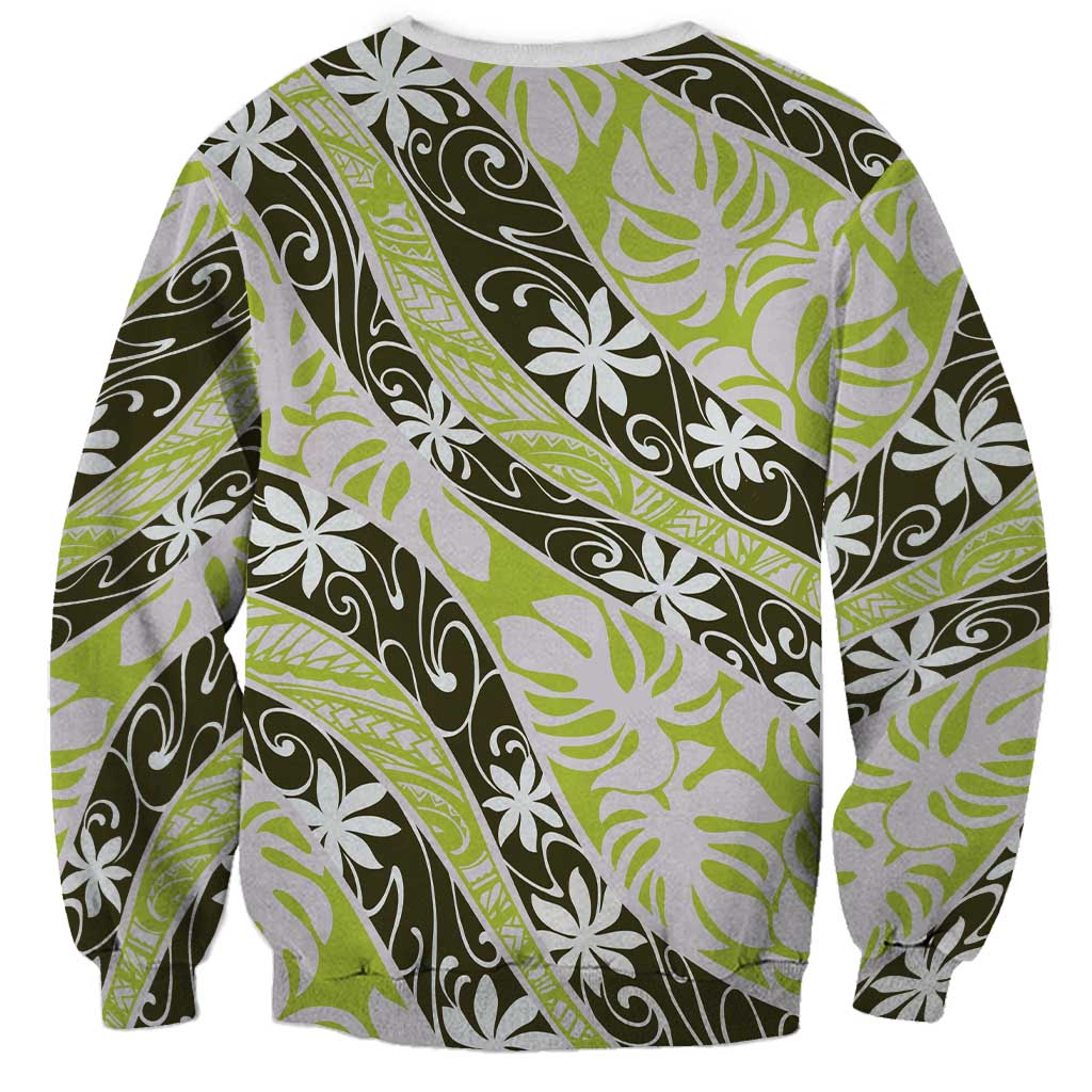 Olive Tahiti Tiare Monstera Sweatshirt Polynesian Pattern Curve Style - Polynesian Pride