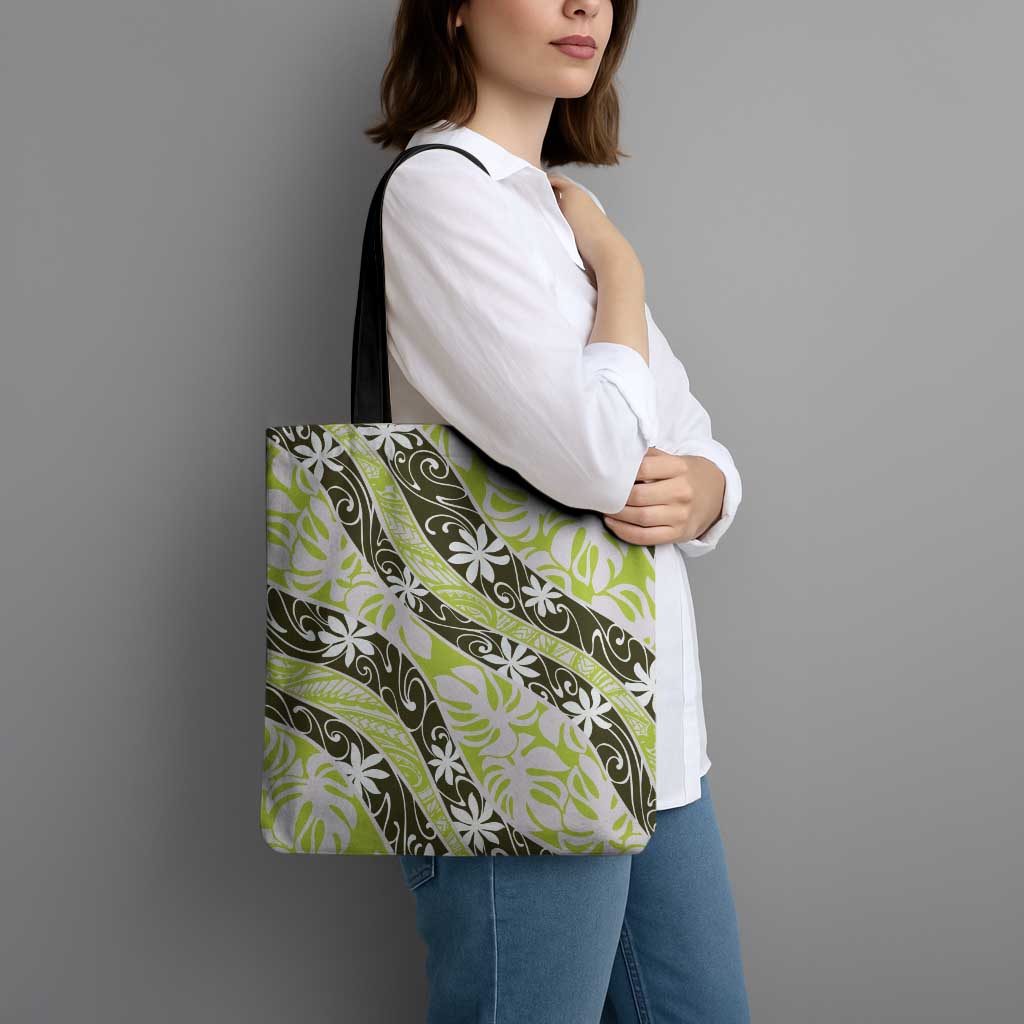 Olive Tahiti Tiare Monstera Tote Bag Polynesian Pattern Curve Style - Polynesian Pride