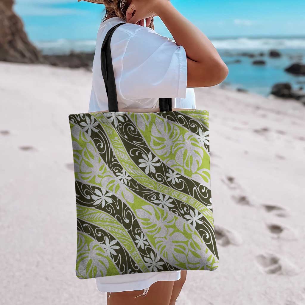 Olive Tahiti Tiare Monstera Tote Bag Polynesian Pattern Curve Style - Polynesian Pride