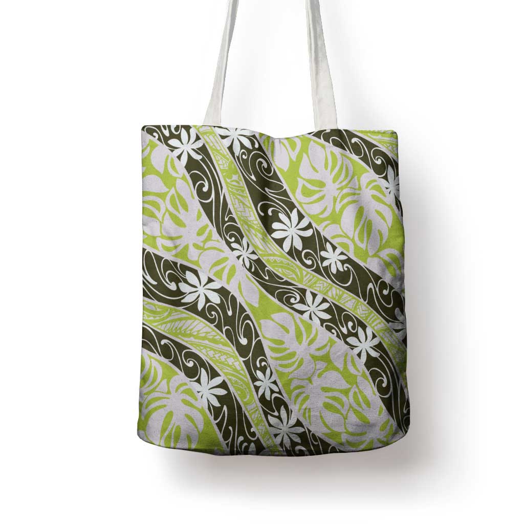 Olive Tahiti Tiare Monstera Tote Bag Polynesian Pattern Curve Style - Polynesian Pride