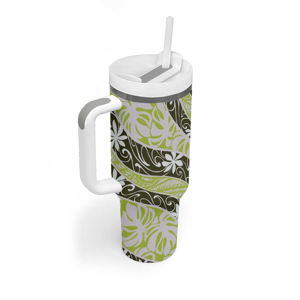 Olive Tahiti Tiare Monstera Tumbler With Handle Polynesian Pattern Curve Style - Polynesian Pride