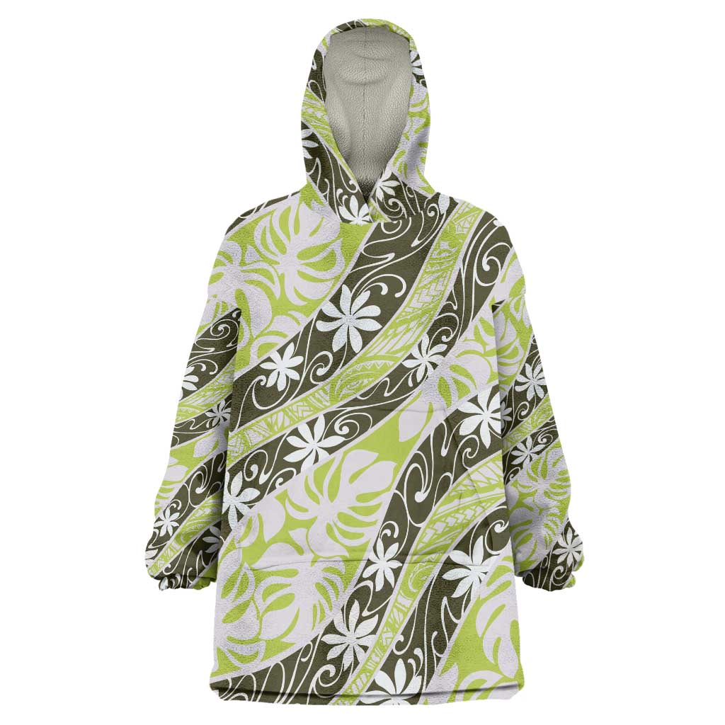 Olive Tahiti Tiare Monstera Wearable Blanket Hoodie Polynesian Pattern Curve Style - Polynesian Pride