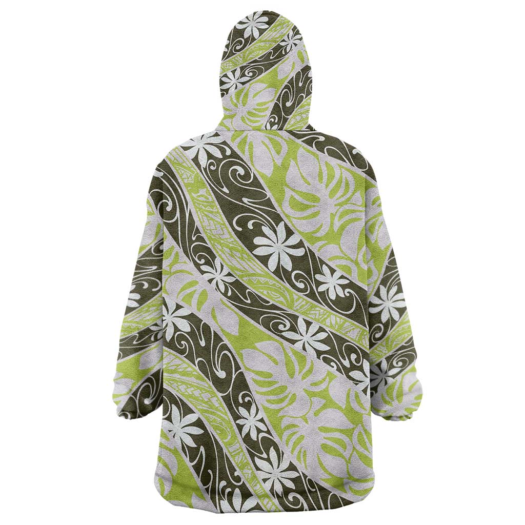 Olive Tahiti Tiare Monstera Wearable Blanket Hoodie Polynesian Pattern Curve Style - Polynesian Pride